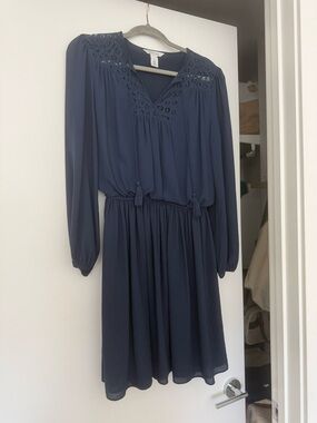 Women's Navy Blue Long Sleeve Lace Yoke Dress